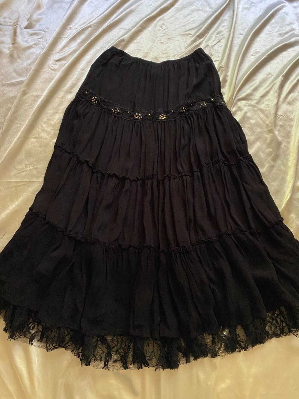 Vintage y2k Black Tiered Sequin Lace Boho Prairie Skirt Small Whimsygoth Fairy